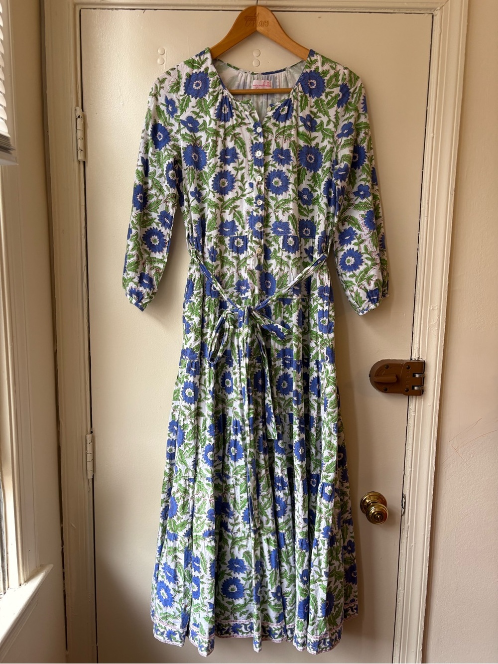 Mary Marshmallow Blue Floral Tiered Maxi Dress Tie Waist 100% Cotton | XS